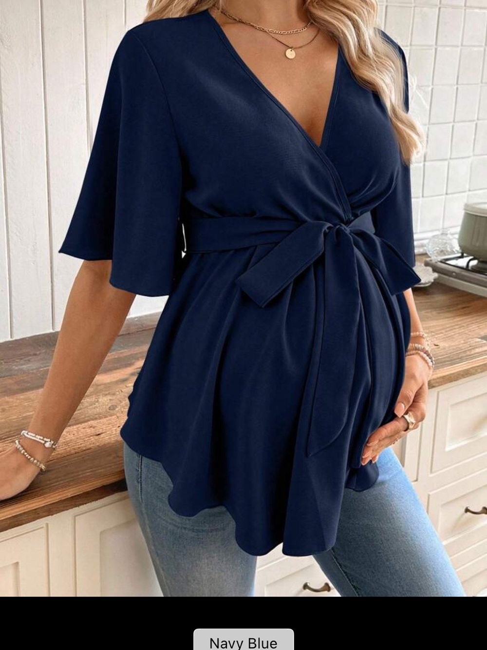 Navy Wrap Maternity Top with Tie Waist